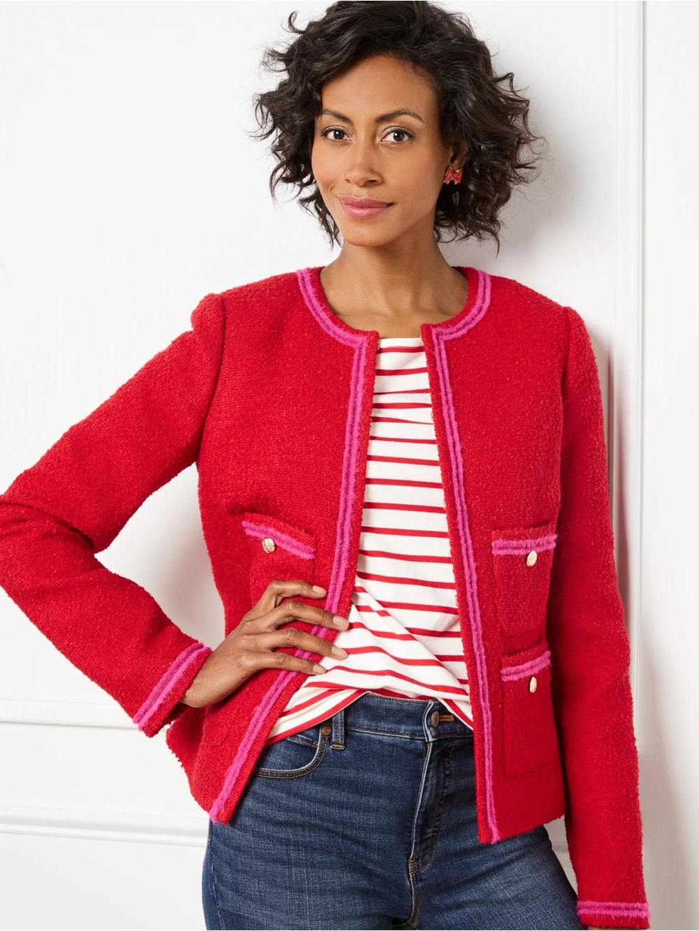 Talbots 14 Pink Red Wool Blend Tweed Jacket with Contrasting Trim Gold Buttons